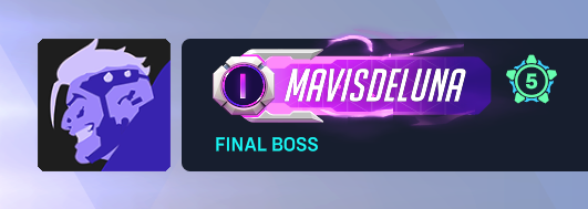Picture of my nameplate in Overwatch. It reads "MavisDeLuna" with Endorsement Level 5, the Tank hero Hazard as the icon, and a purple drive score of 1. The title beneath the nameplate reads "Final Boss," a reference to my gaming group, Final Bosses.