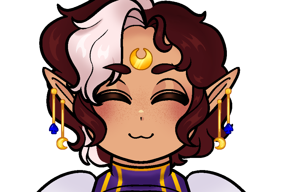 A picture of Mavis DeLuna in their masculine form, a close-up shot from the shoulders up. The camera is a close-up of Mavis's face, and he's smiling with his eyes and mouth closed.