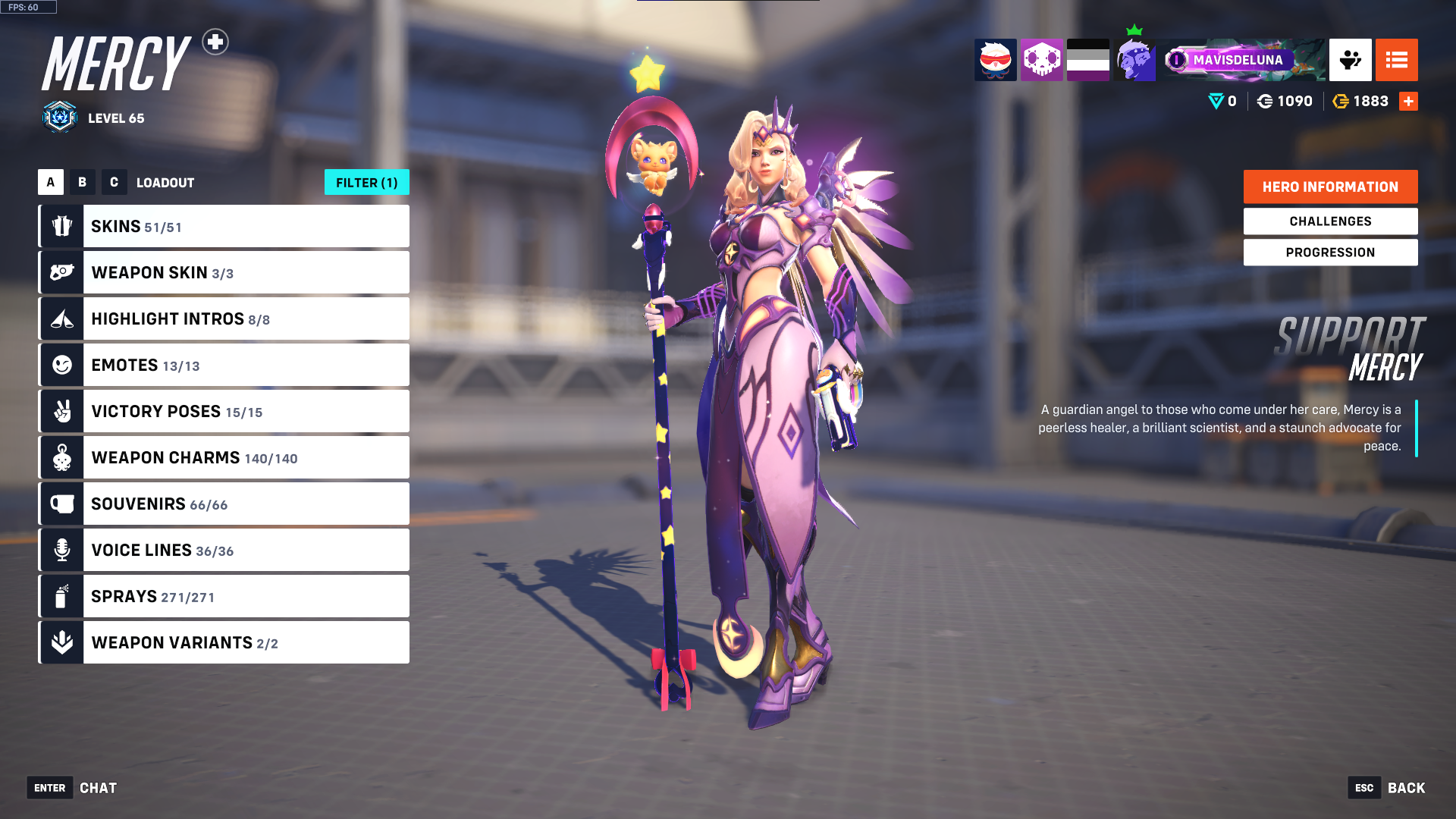 Picture of the Overwatch 2 hero customization menu for Mercy, a Support character. She's wearing the purple Cosmic skin, equipped with her magical mythic weapon and a Galactic variant weapon skin pattern.